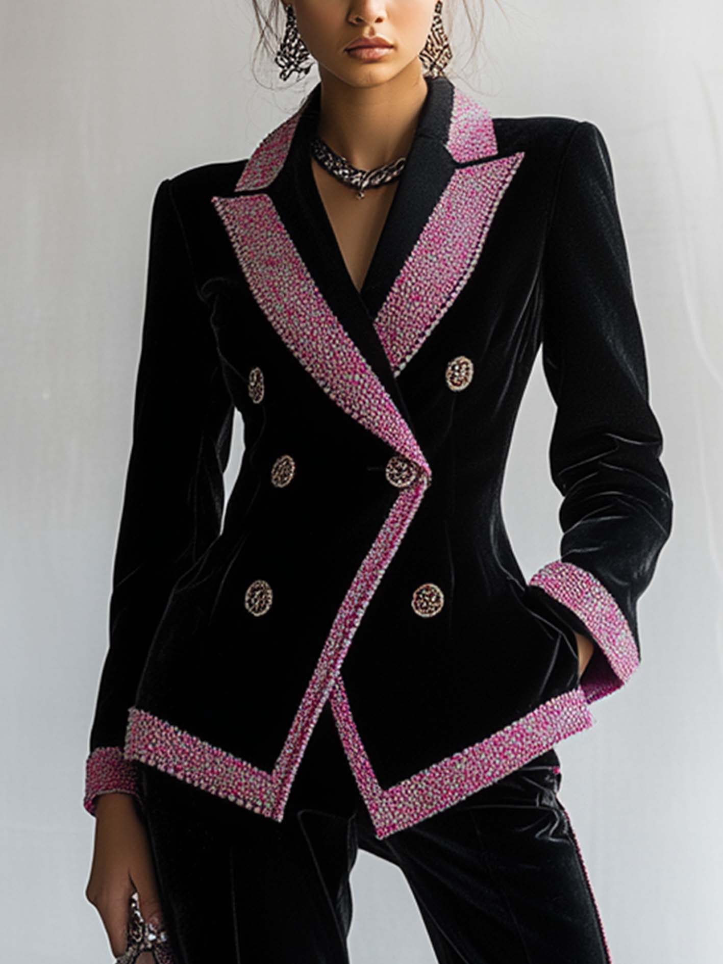 Double-breasted Black Velvet Suit With Pink Printed Lines