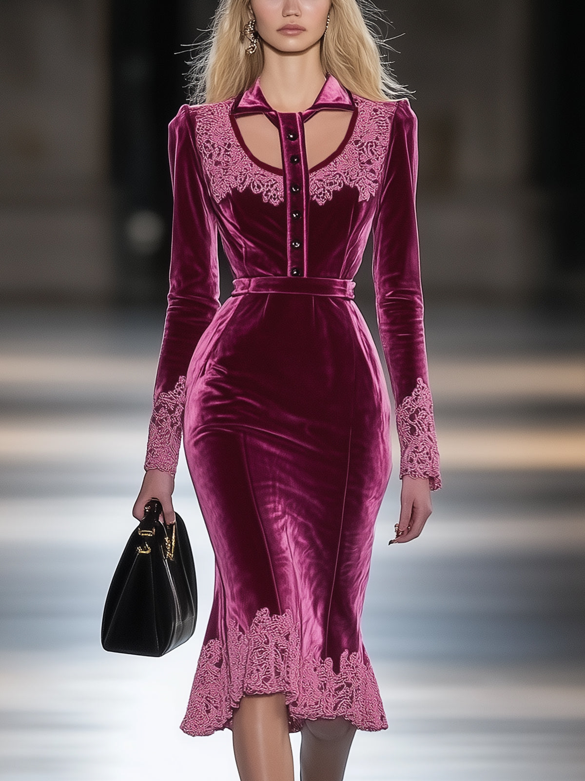 Fuchsia Velvet Midi Dress With Lace Accents And Cutout Detail