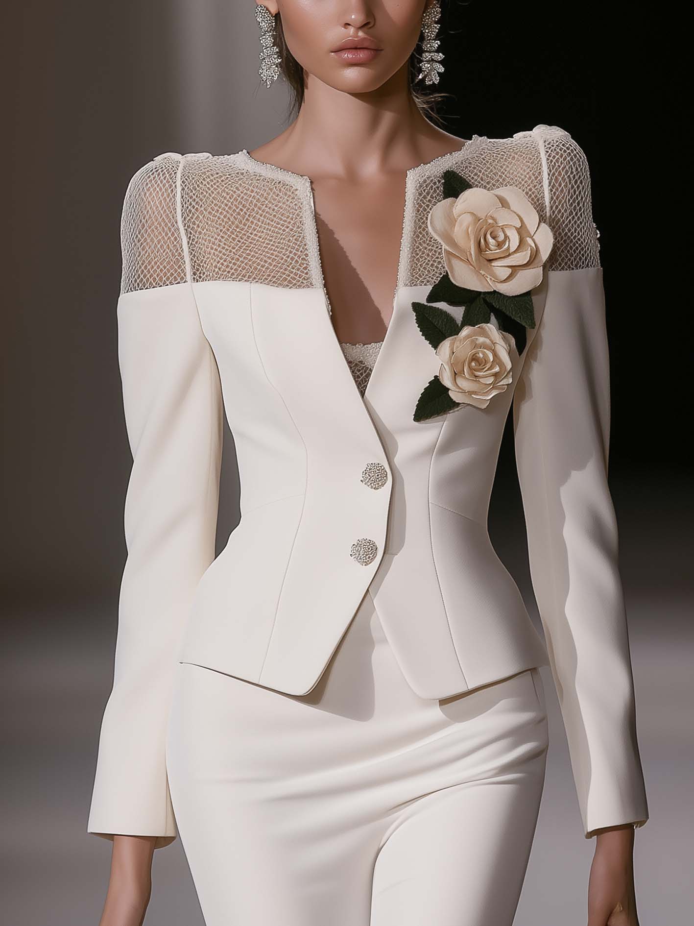 Office Lady White Blazer With Spliced mesh And 3D Flowers