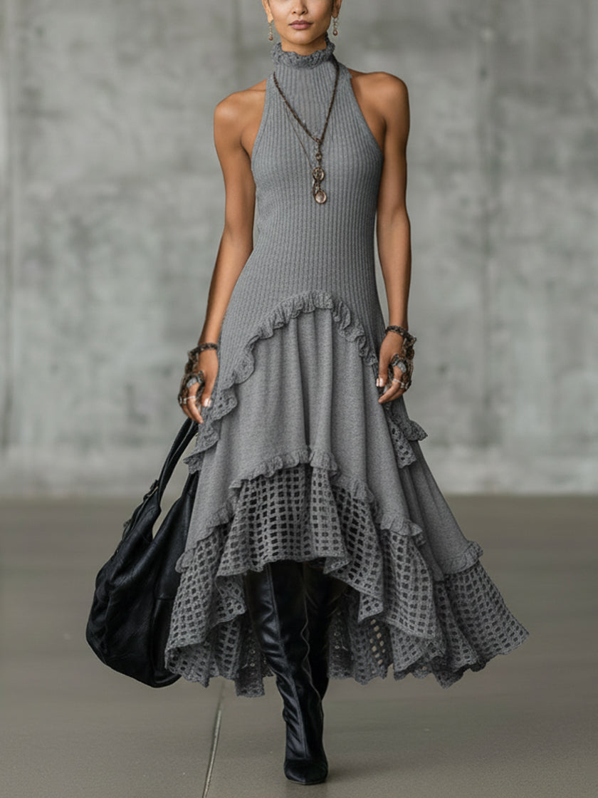 Gray Turtleneck Sleeveless Knit Mesh Flare Dress