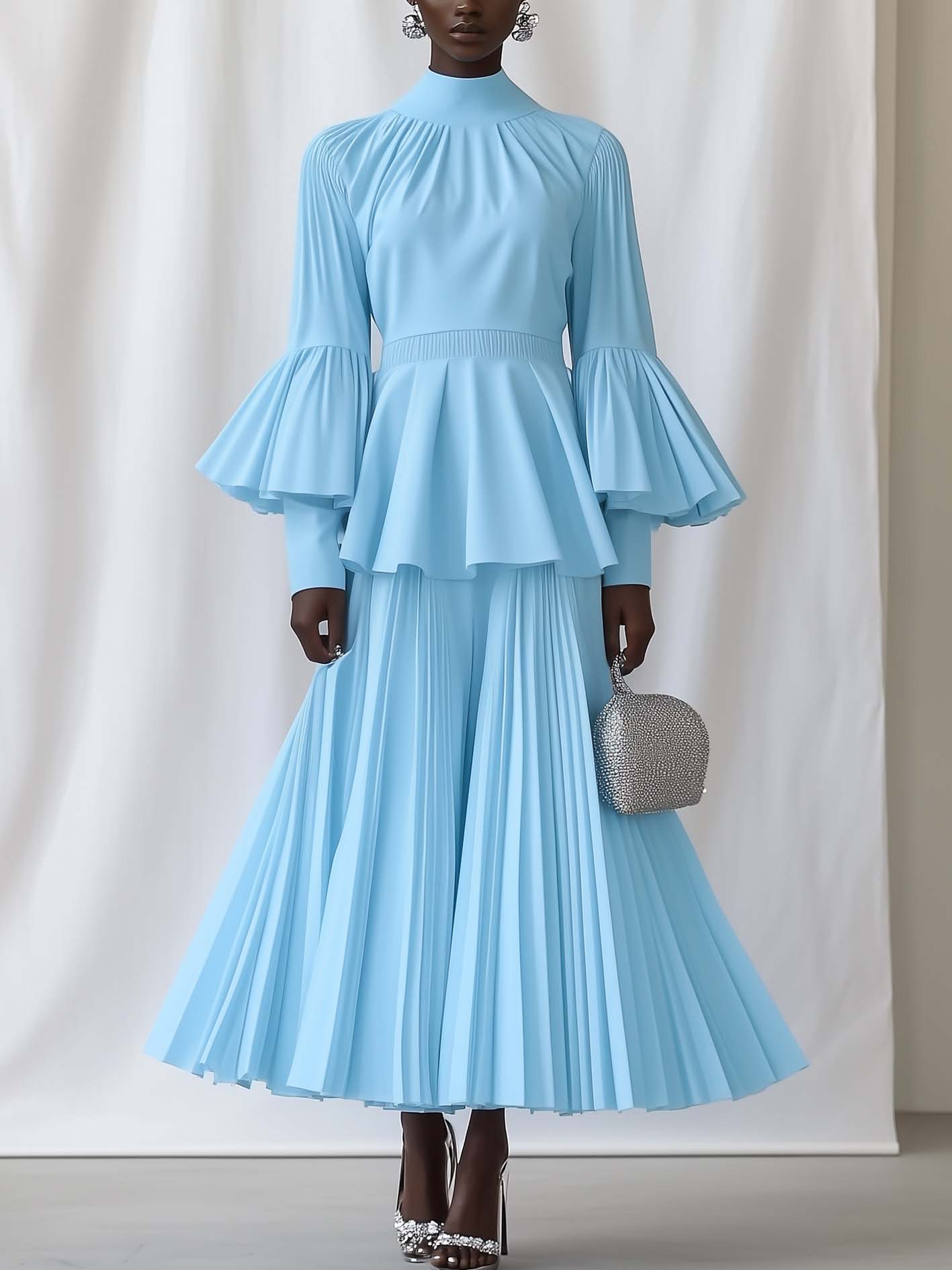 Pleated Blue Maxi Dress With Ruffles