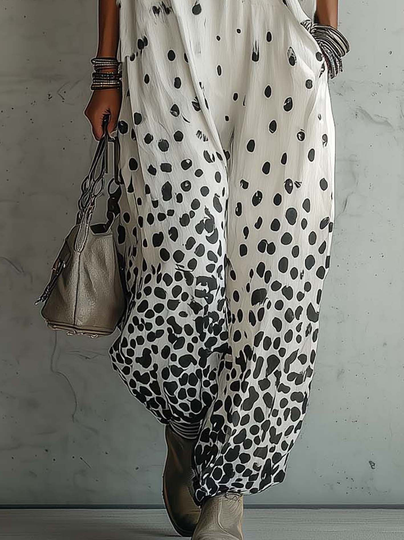 White Gradient Leopard Print Cotton Linen V-Neck Loose Jumpsuit