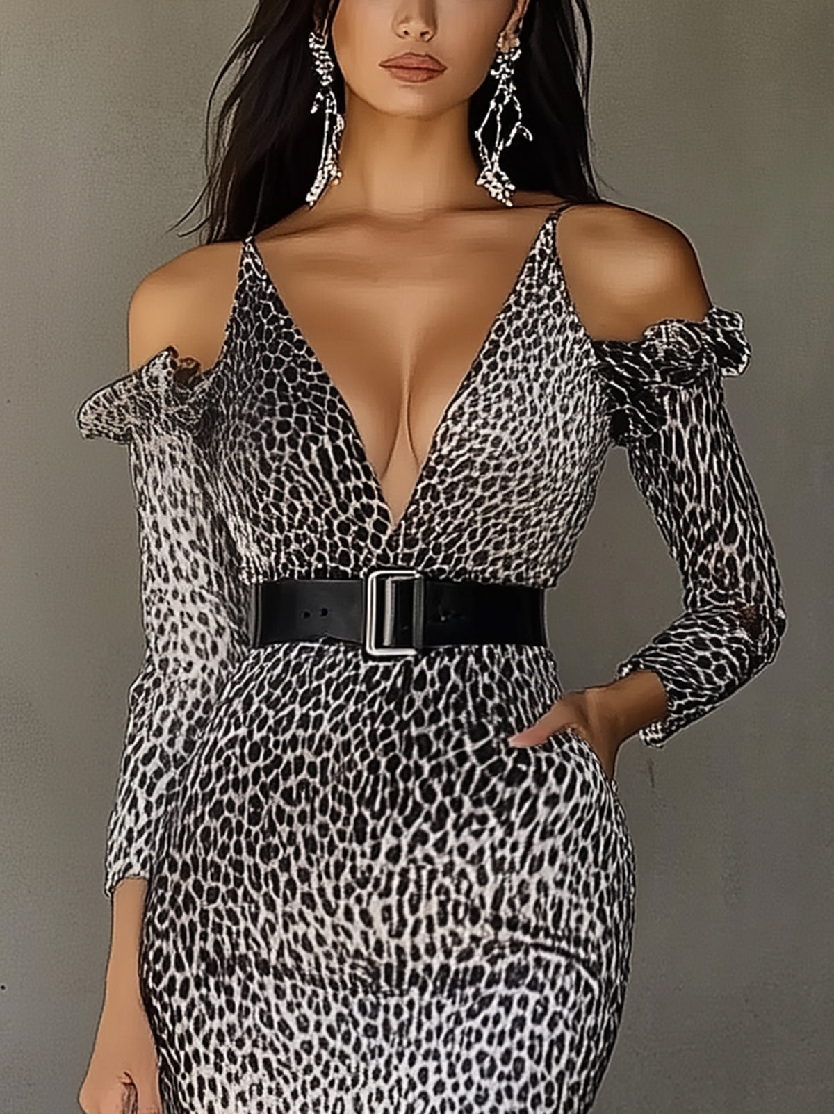 Black White Leopard Print Ruffled Belted Deep V Cold Shoulder Maxi Dress