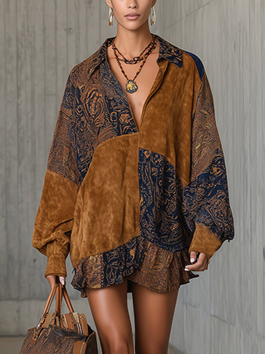 Brown Vintage Patchwork Faux Suede Mini Dress