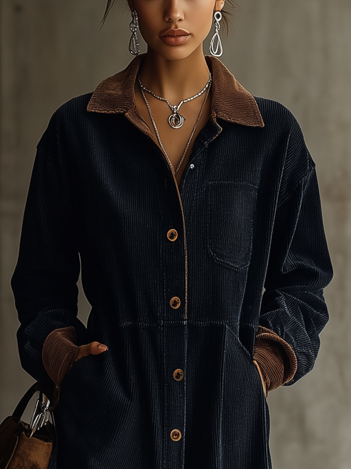 Navy Corduroy Shirt Dress With Contrast Collar And Cuffs