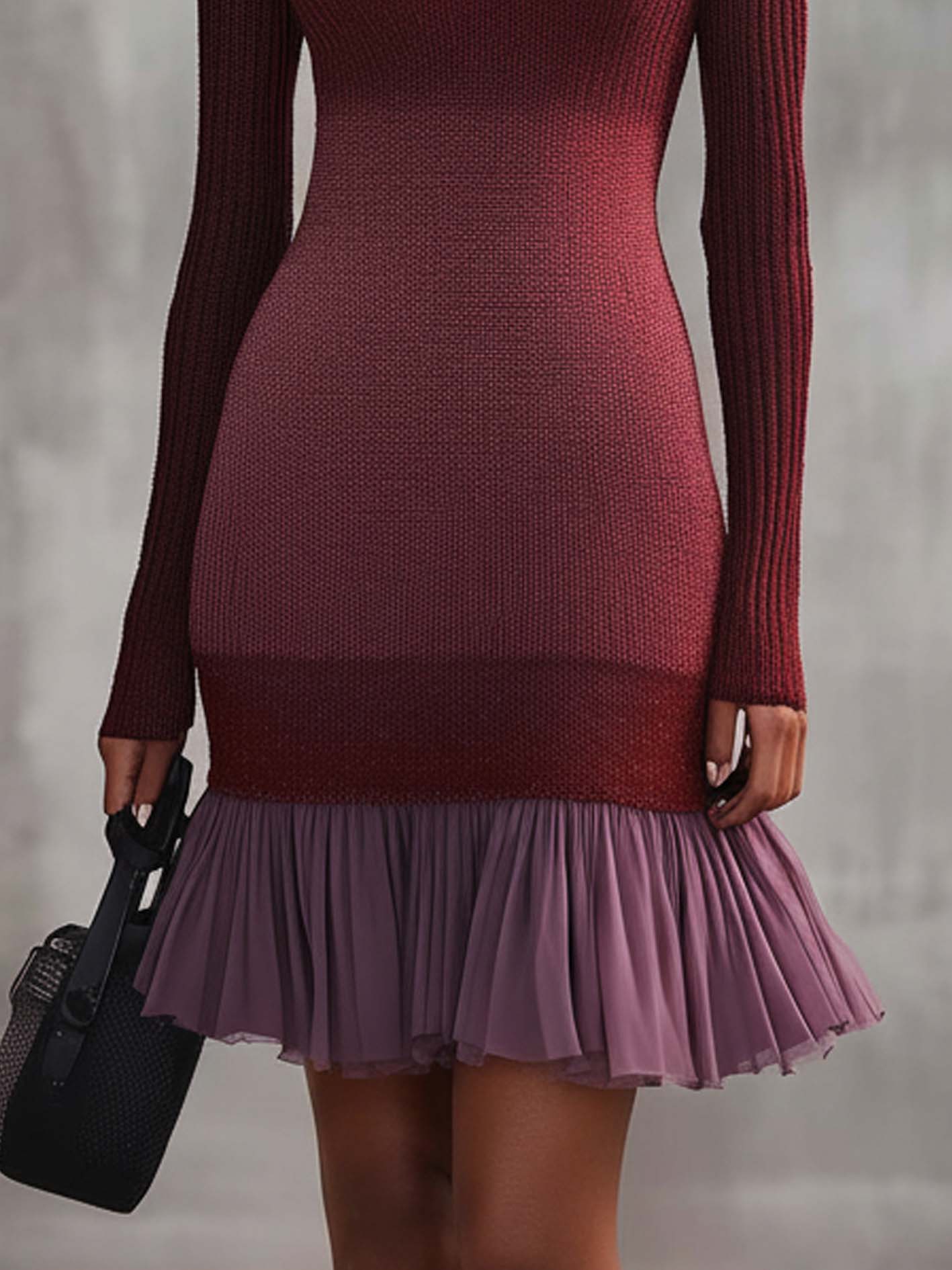 Elegant Burgundy Knit Bodycon Dress With Chiffon Ruffles