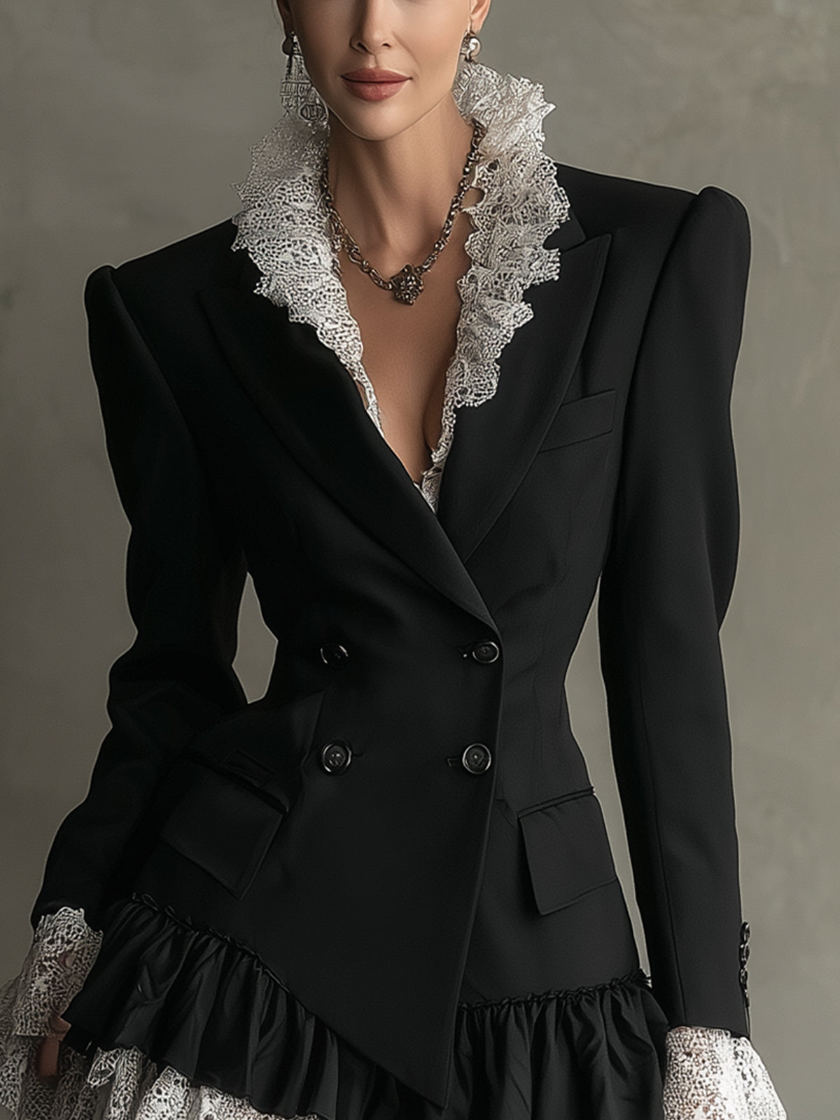 Black Lace Trim Blazer Mini Dress With Ruffled Hem And Puff Shoulders