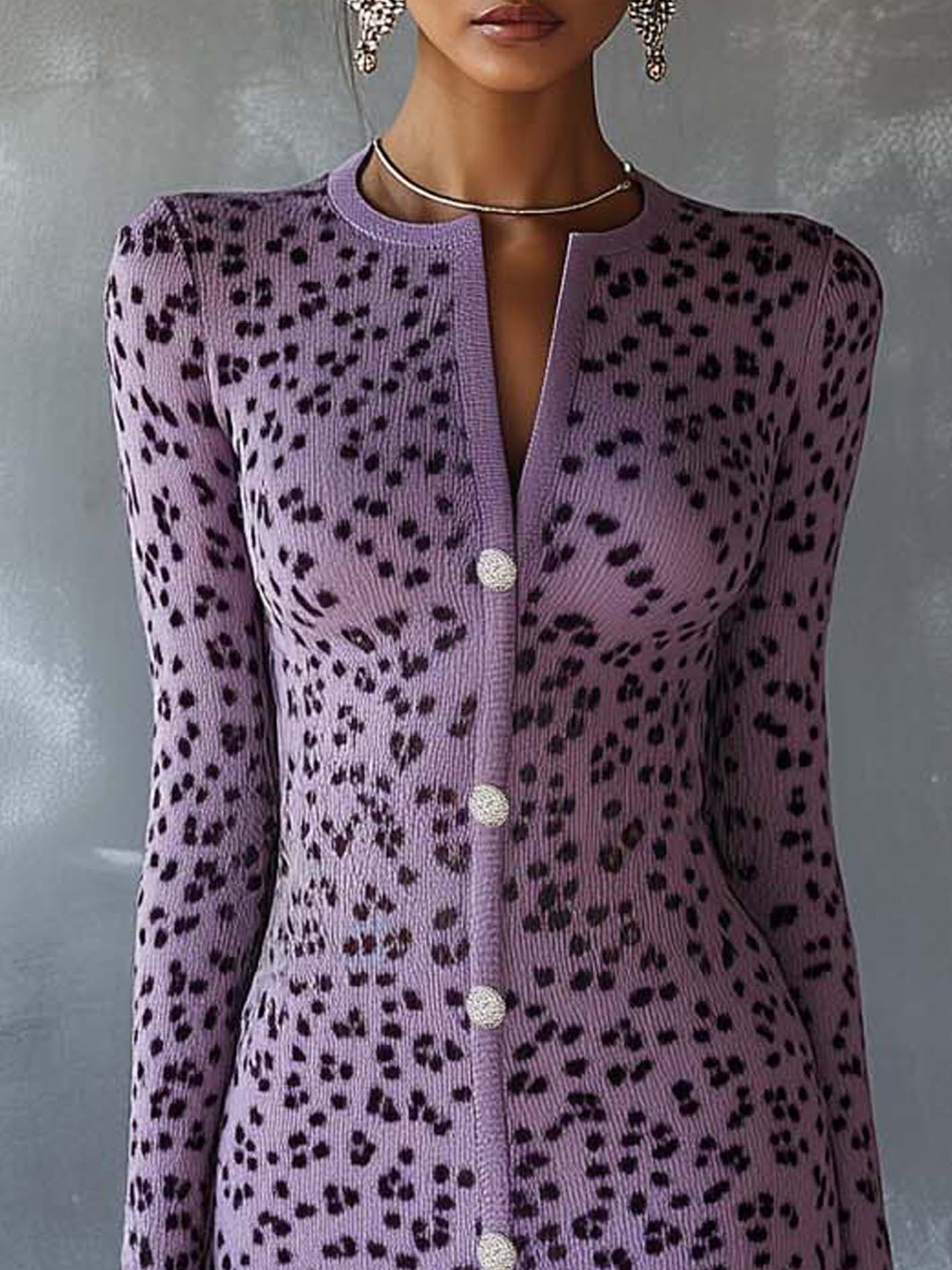 Purple Knitted Mini Dress With Leopard Print And Silver Buttons
