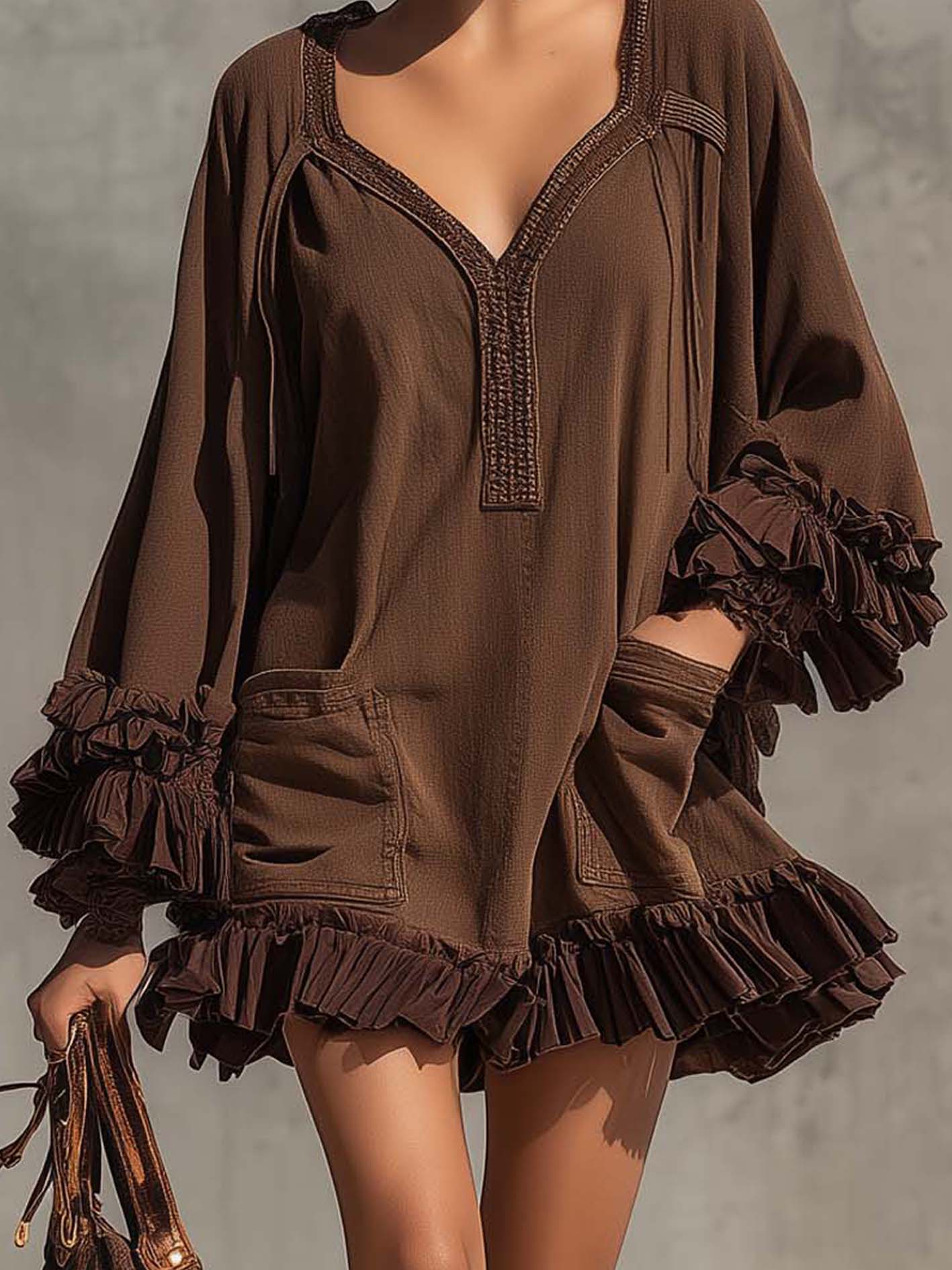 Brown Denim Mini Dress With Chiffon Ruffle Patchwork And Pockets