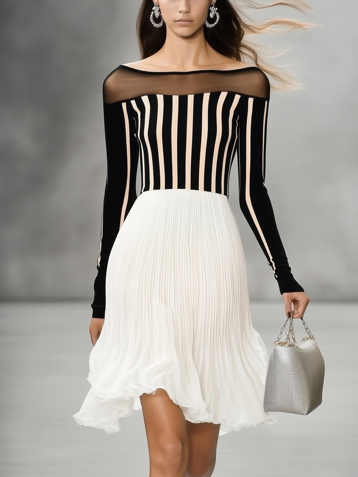 Black And Nude Knit Stripe Sheer Neckline Long Sleeve Midi Dress