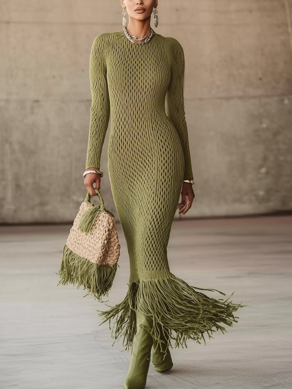 Olive Green Knit Fringe Hem Bodycon Maxi Dress