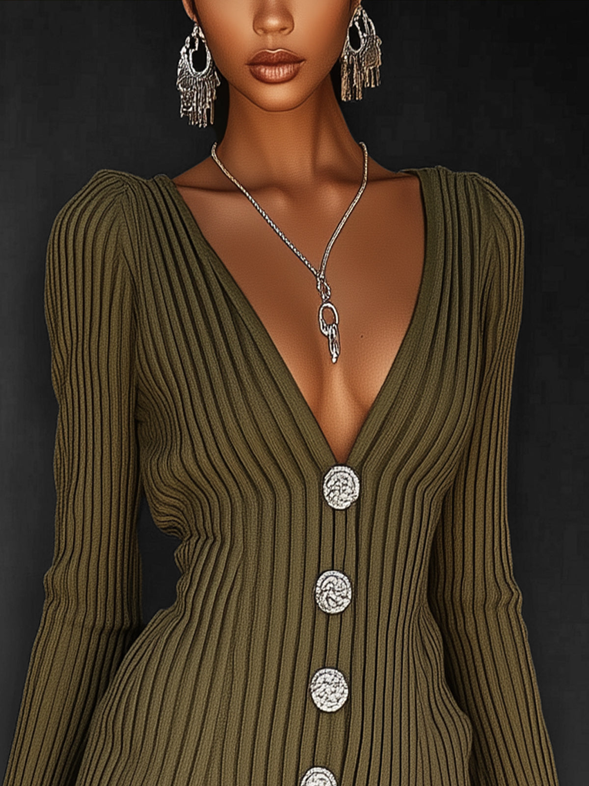 Army Green Knitted Mini Dress With Ruffled Hem