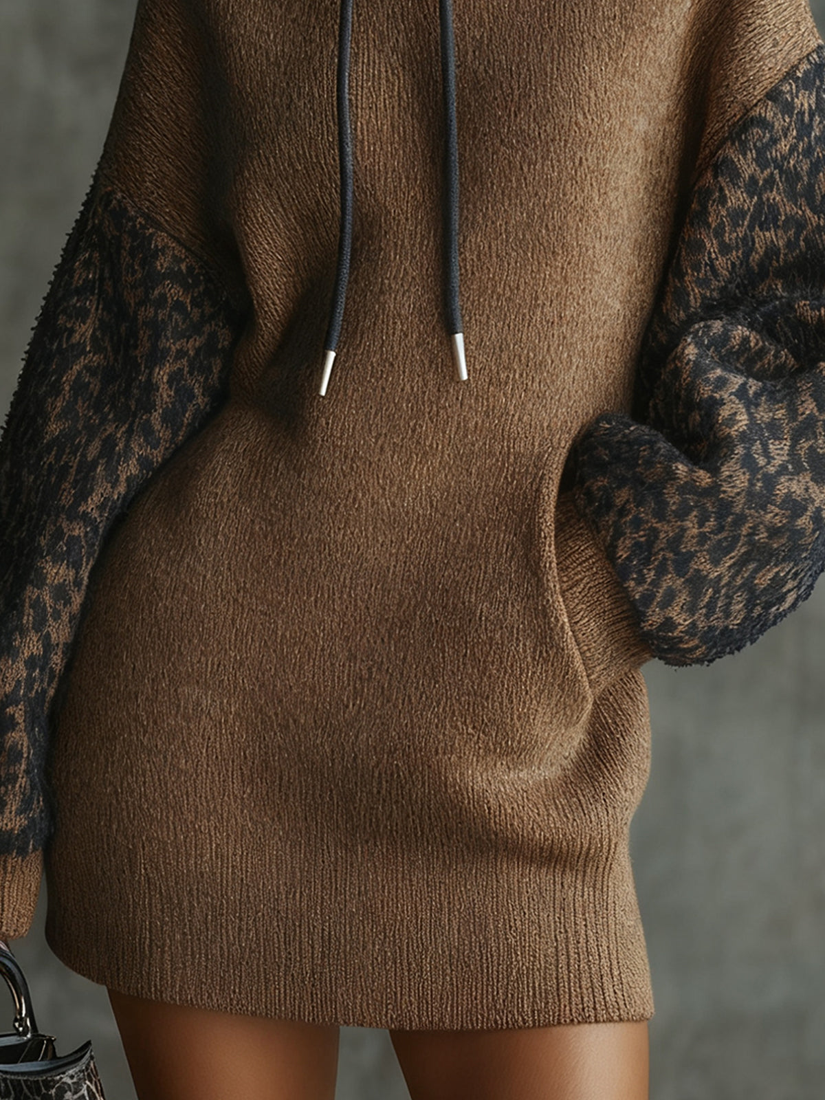 Brown Knitted Leopard Sleeve Hoodie Mini Dress