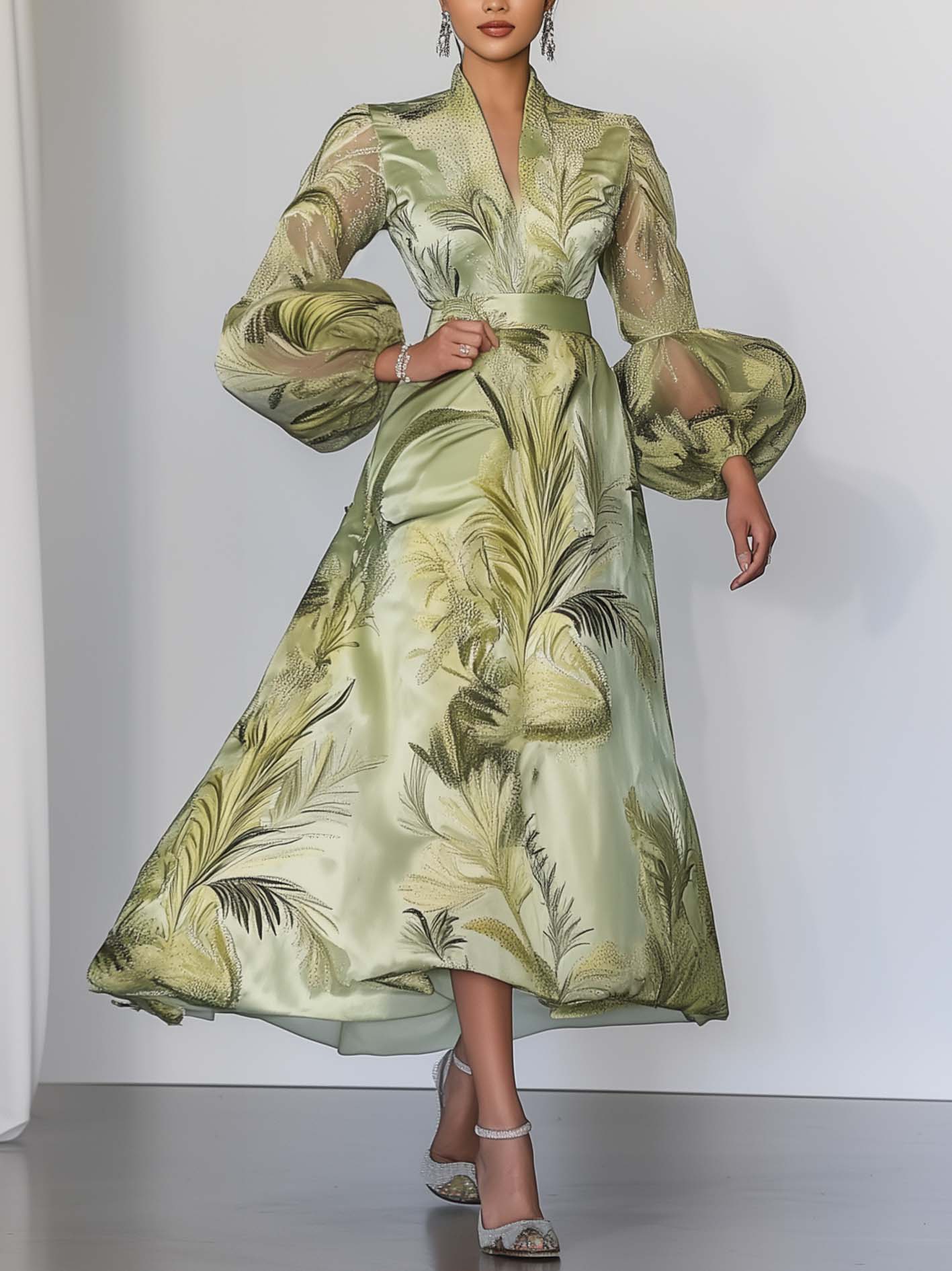 Light Green Satin Maxi Dress With Botanical Print