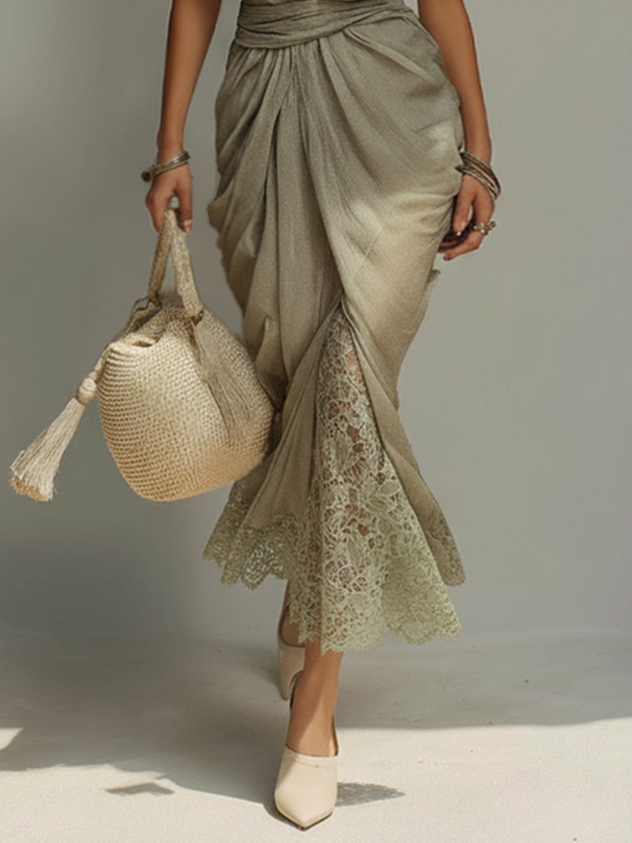 Green Asymmetric Scarf Collar Chiffon Lace Maxi Dress