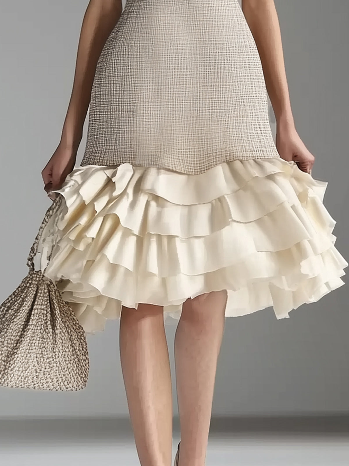 White Tweed Textured Ruffle Hem Turtleneck Sleeveless Knee Length Dress