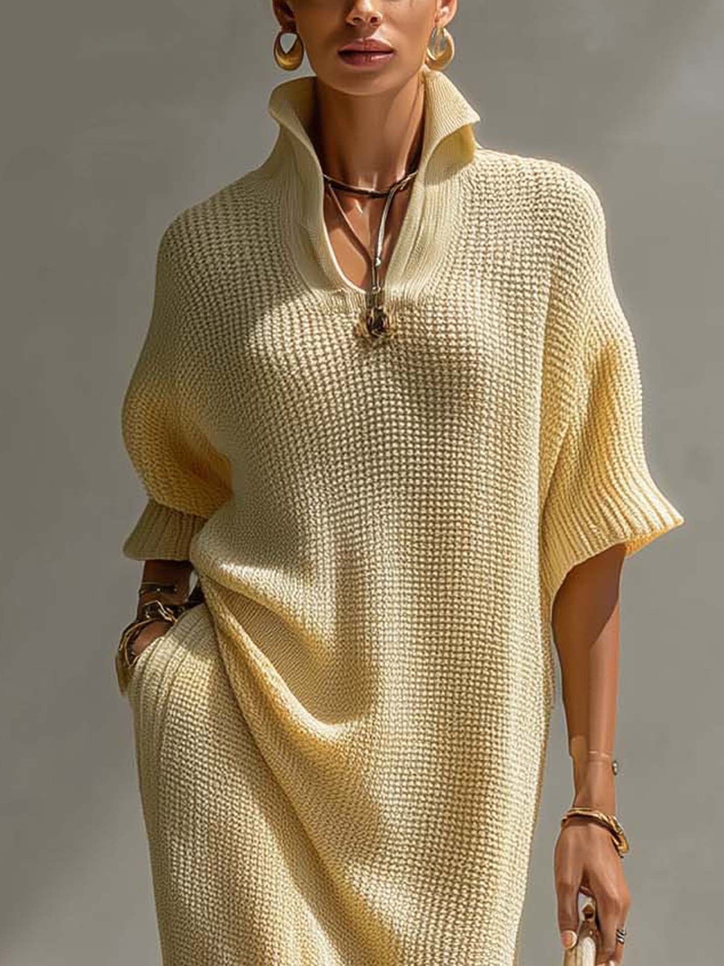 Cream Yellow Collared Knit Midi Dress