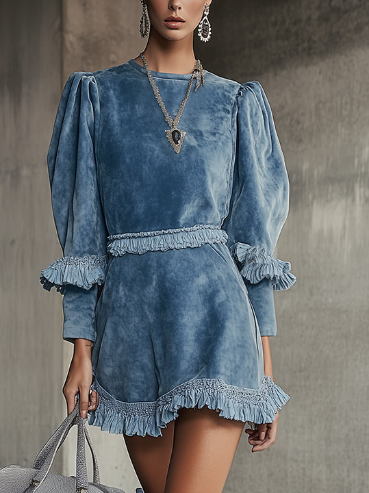 Blue Puff Sleeve Faux Suede Mini Dress With Ruffle Accents