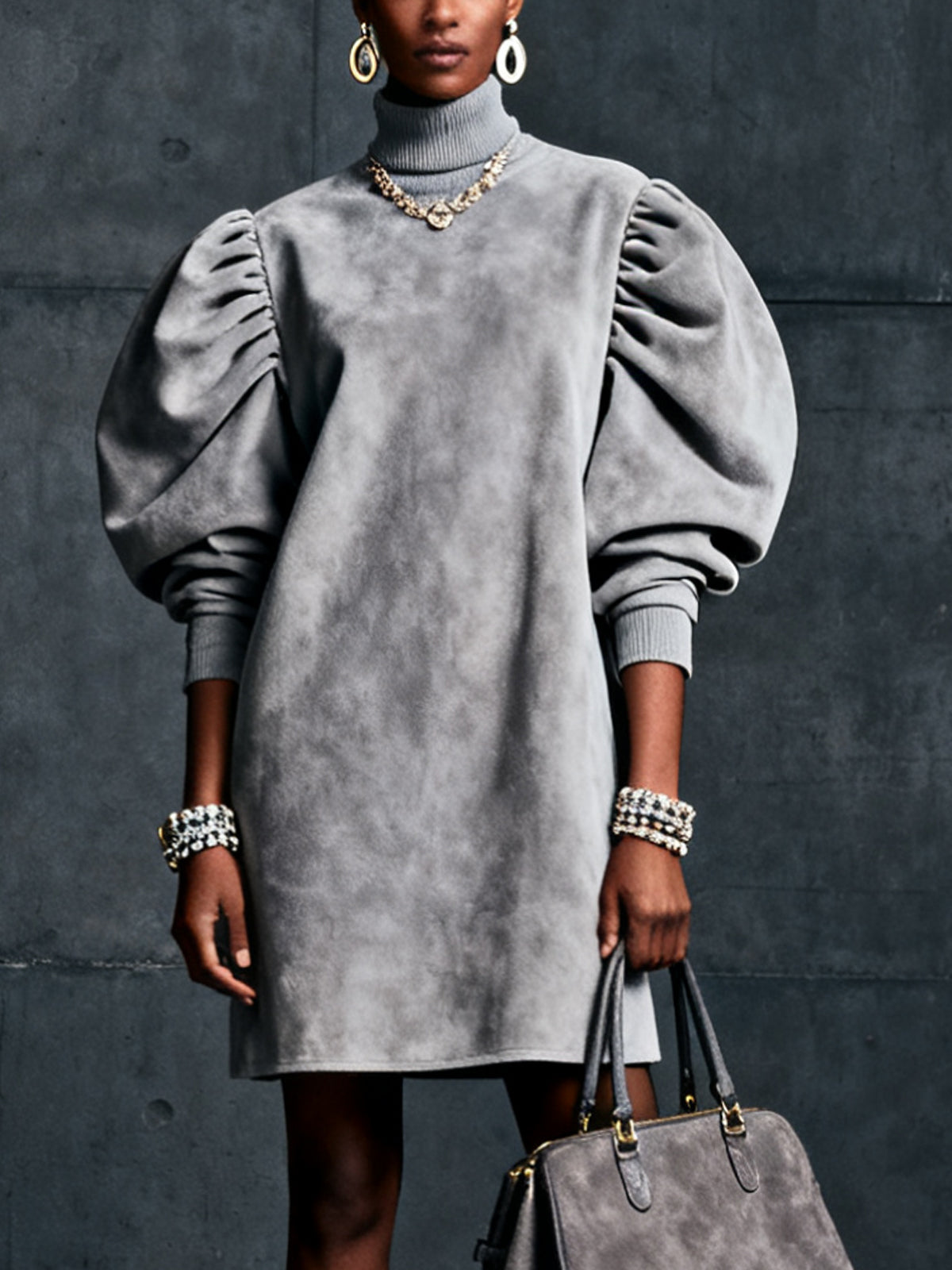 Grey Faux Suede Puff Sleeve Turtleneck Casual Dress