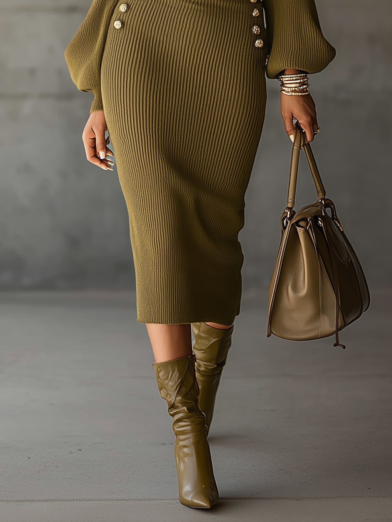 Olive Green Lantern Sleeve Knit Dress With Vintage Gold Buttons