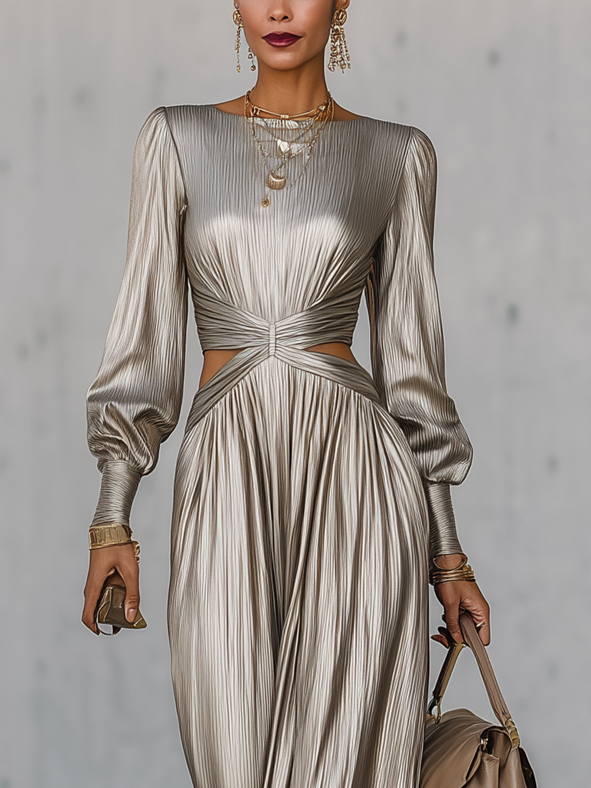 Champagne Pleated Satin Maxi Dress With Side Cutouts And Long Sleeves
