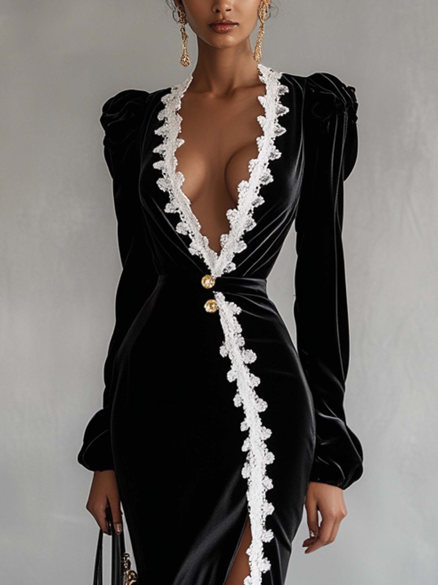 Side Slit Black Velvet Midi Bodycon Dress With White Lace Trim