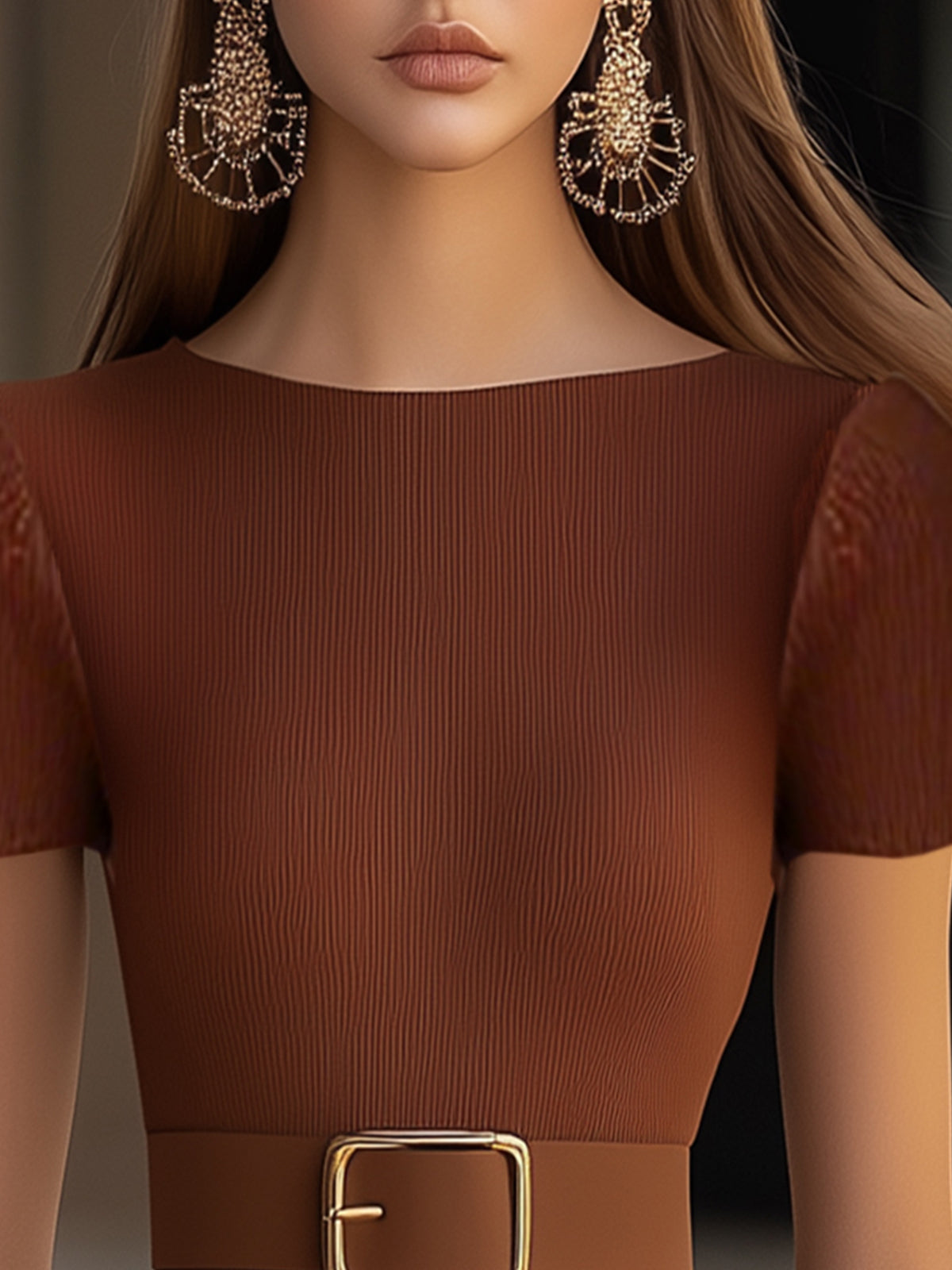 Brown Pleated Dress With Lace Trim