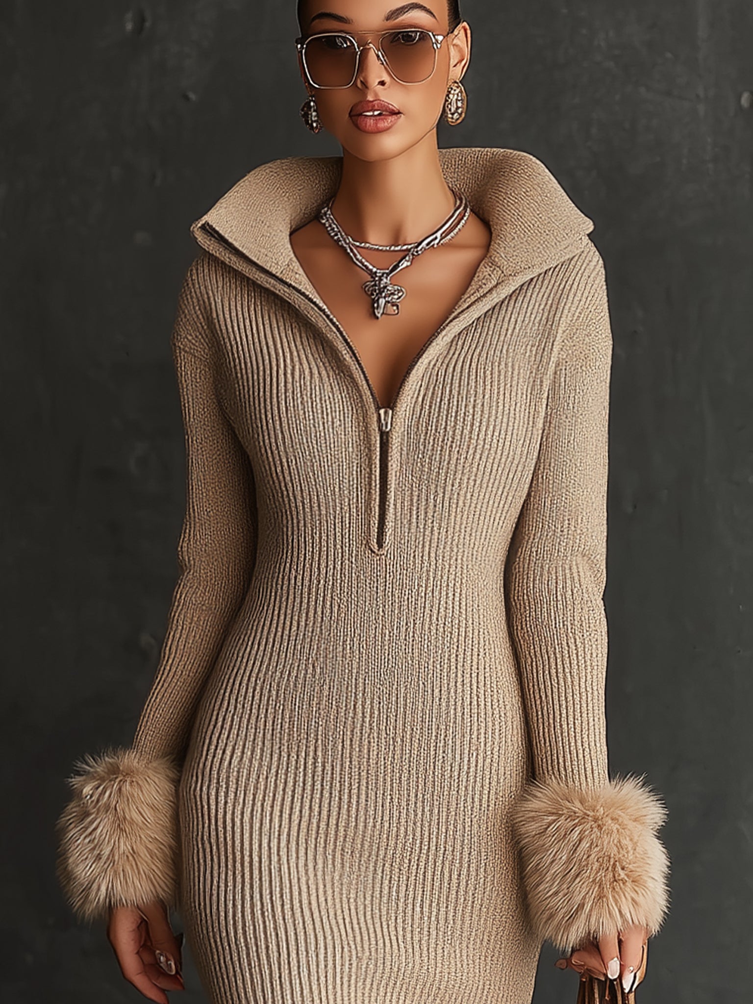 Camel Knit Long Sleeve Mini Dress With Faux Fur Cuff Detail