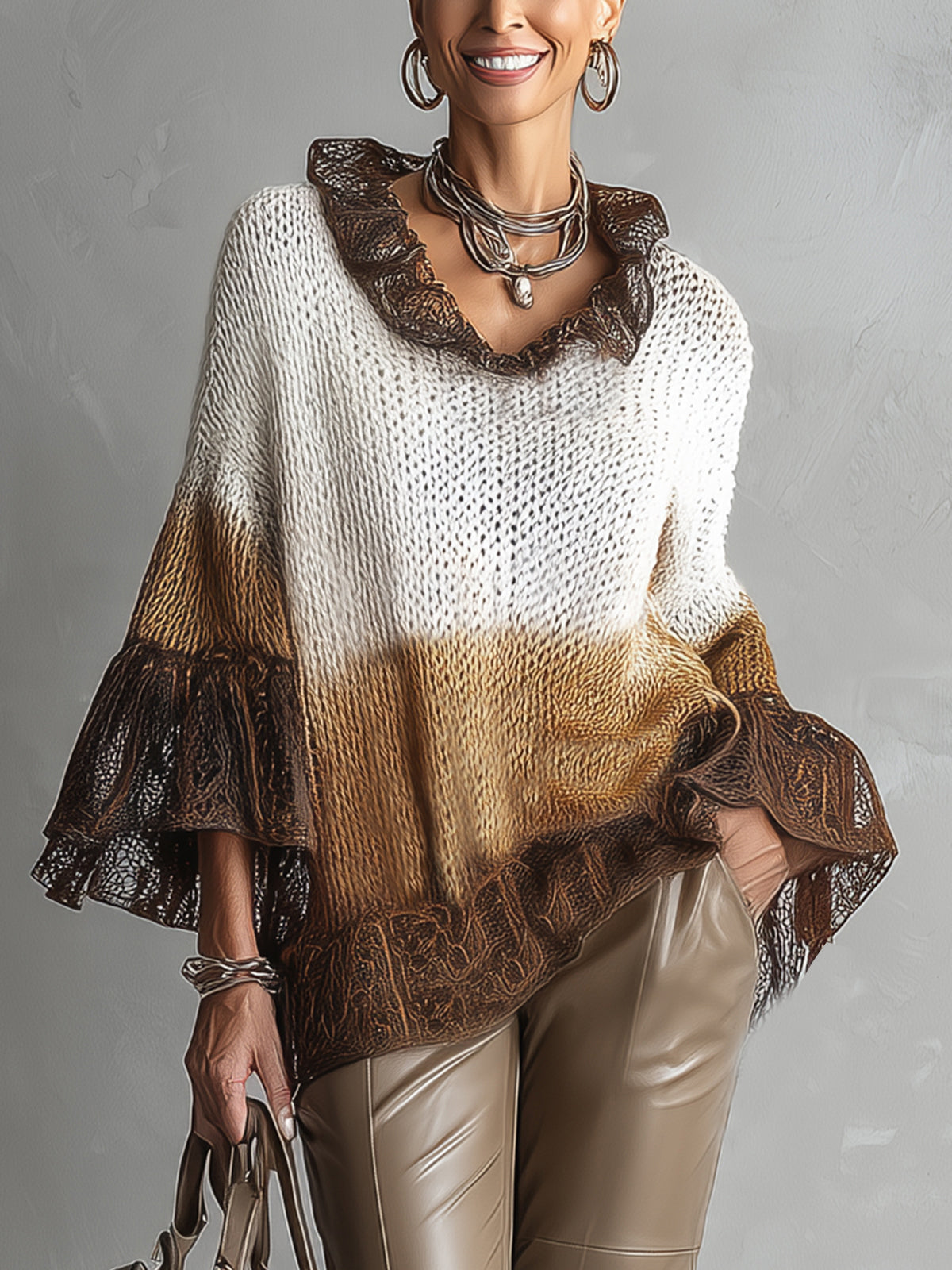 Brown Ruffled Knit Pullover With Flared Lace Sleeves