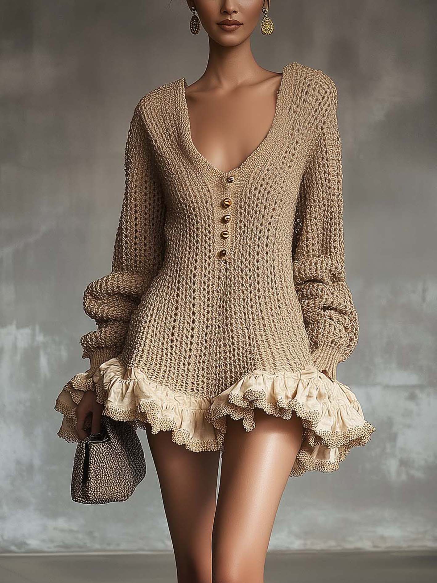 Light Gold Knitted Mini Dress With Ruffles And Buttons