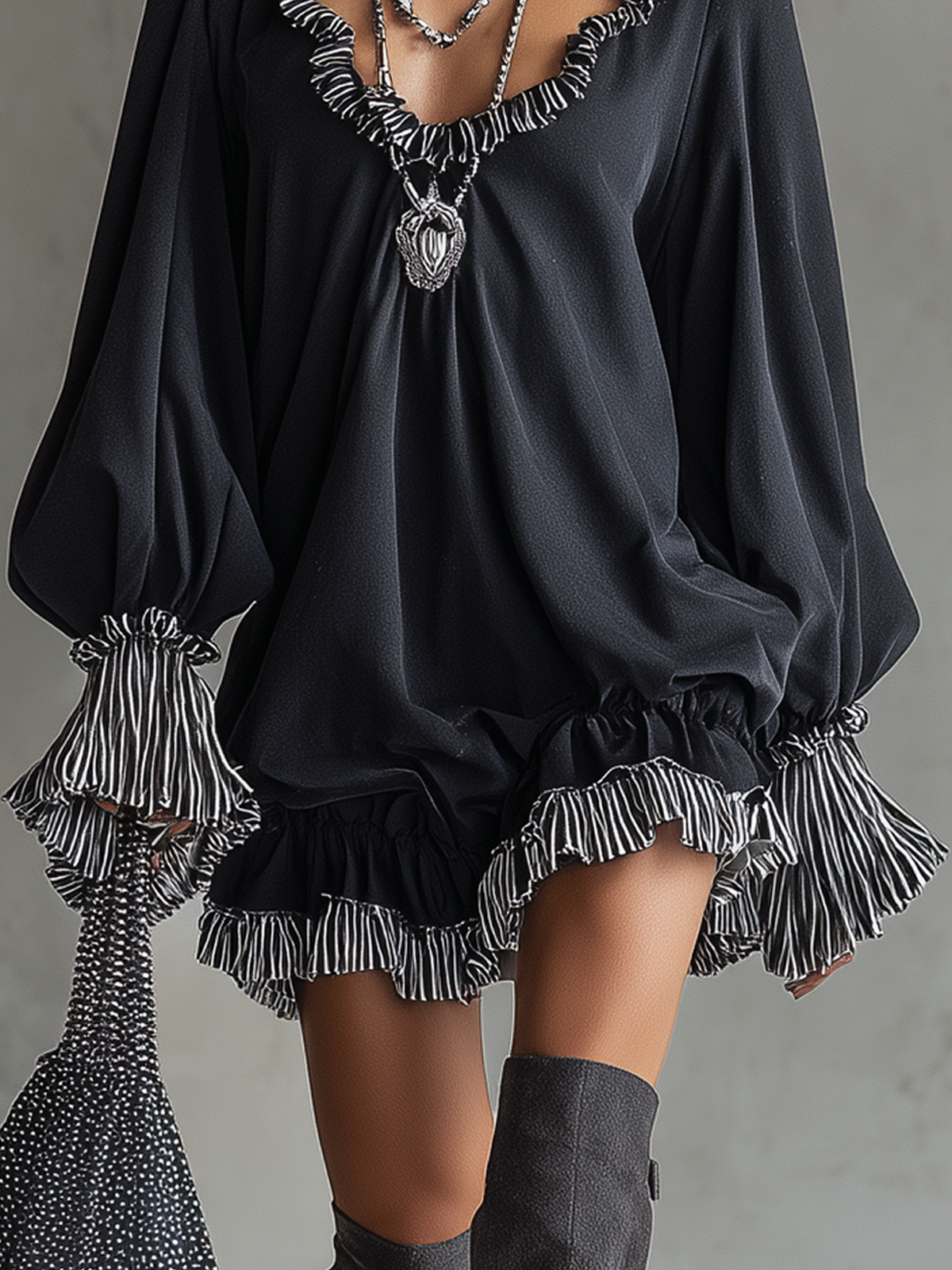 Black Faux Suede Striped Ruffled Loose Mini Dress