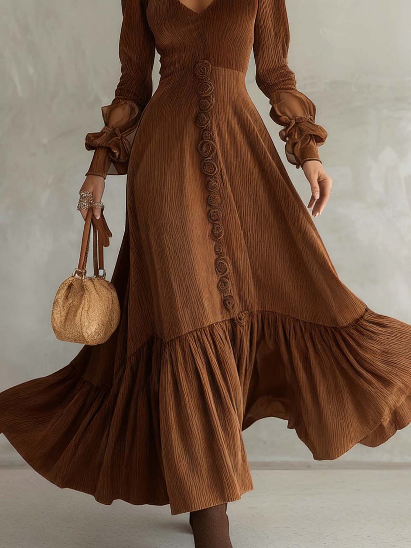 Brown Textured Velvet Maxi Dress With 3D Flowers And Organza Patchwork