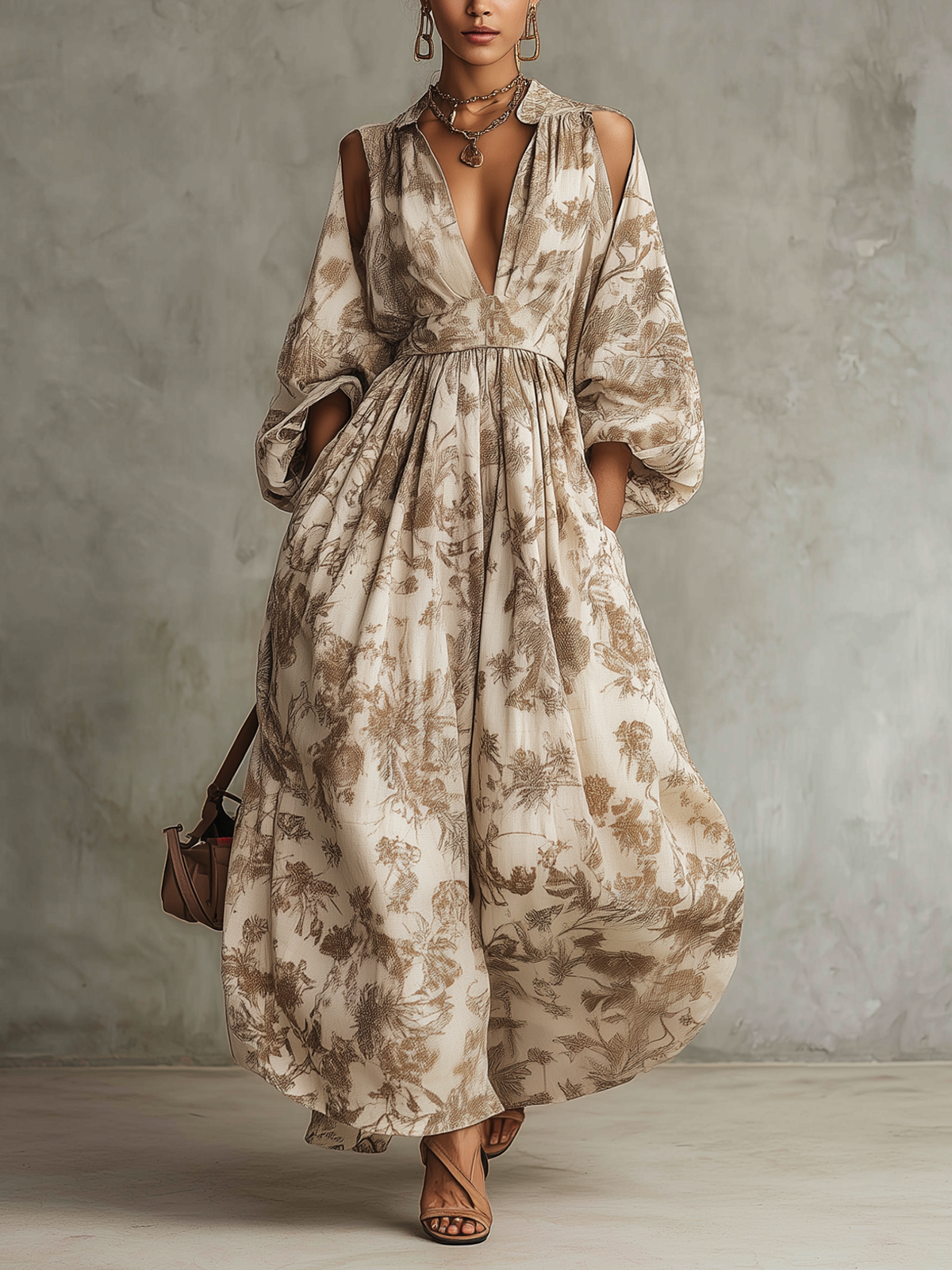 Floral Chiffon Cutout Long Sleeve Maxi Dress