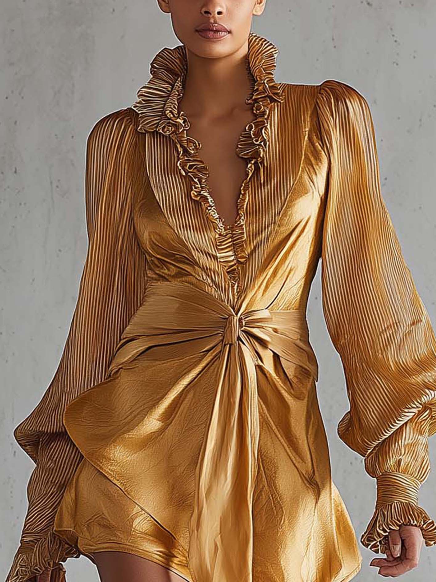 Gold Ruffled Pleated Organza Patchwork Mini Dress
