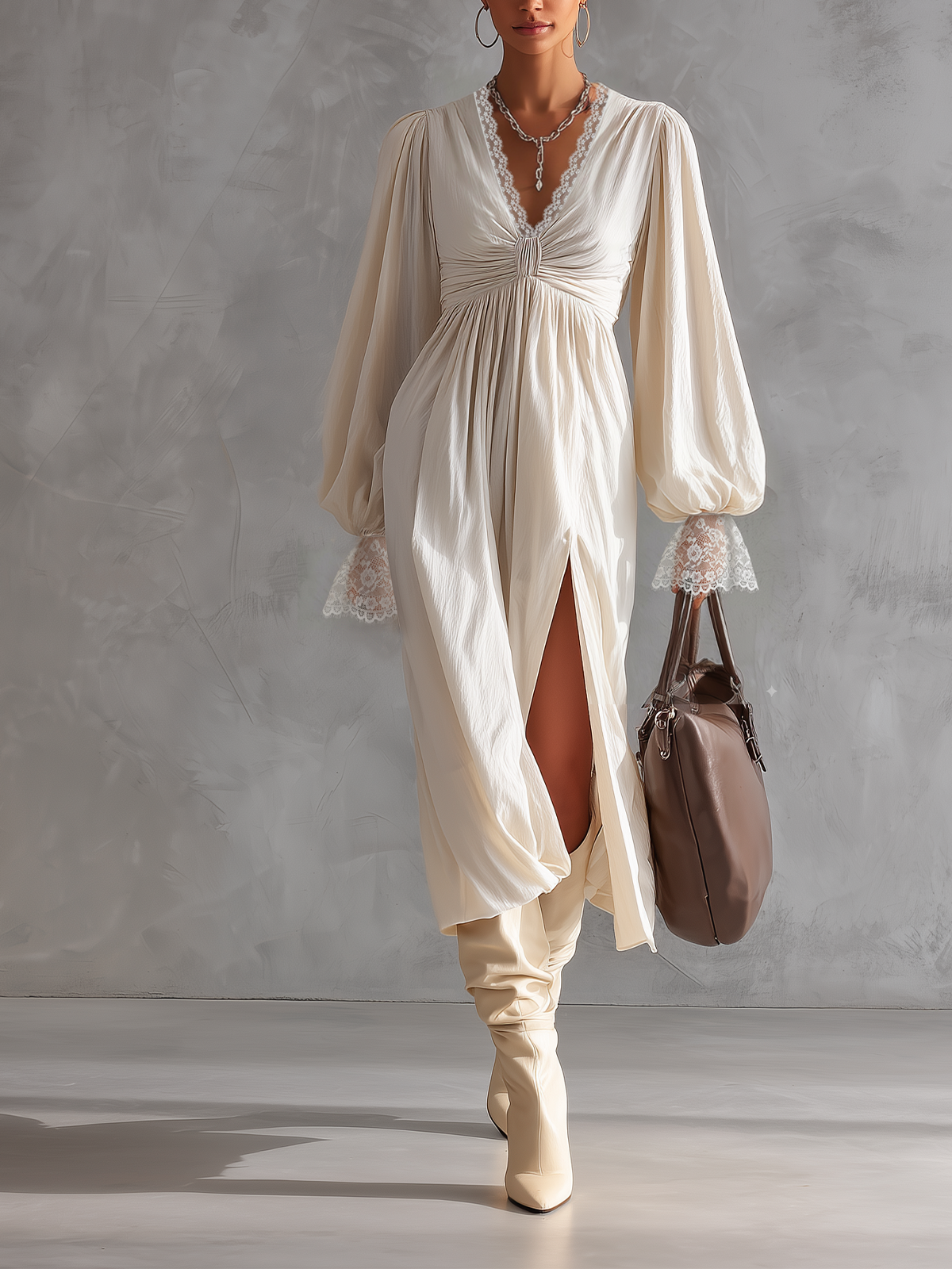 White Lace-Trimmed Balloon Sleeve Midi Dress