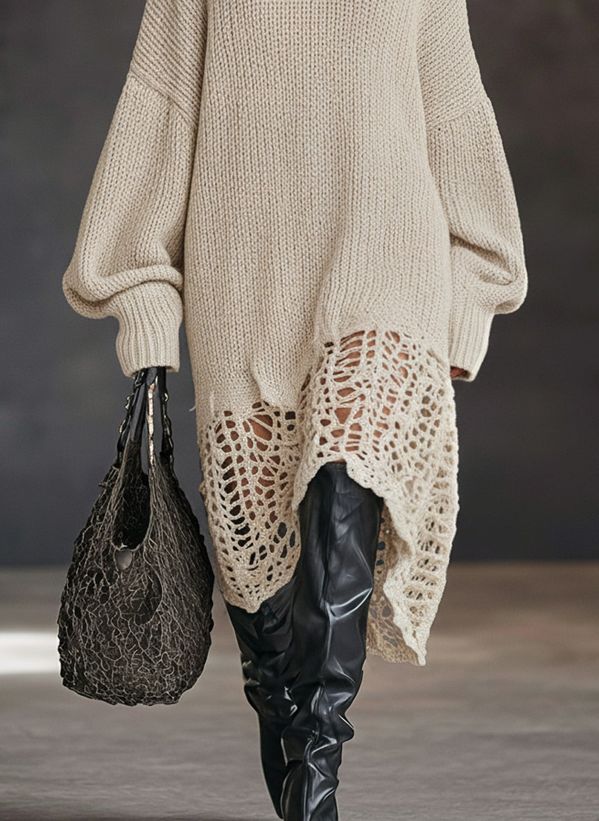 Charcoal Gray V-Neck Knit Mesh Long Sleeve Midi Dress