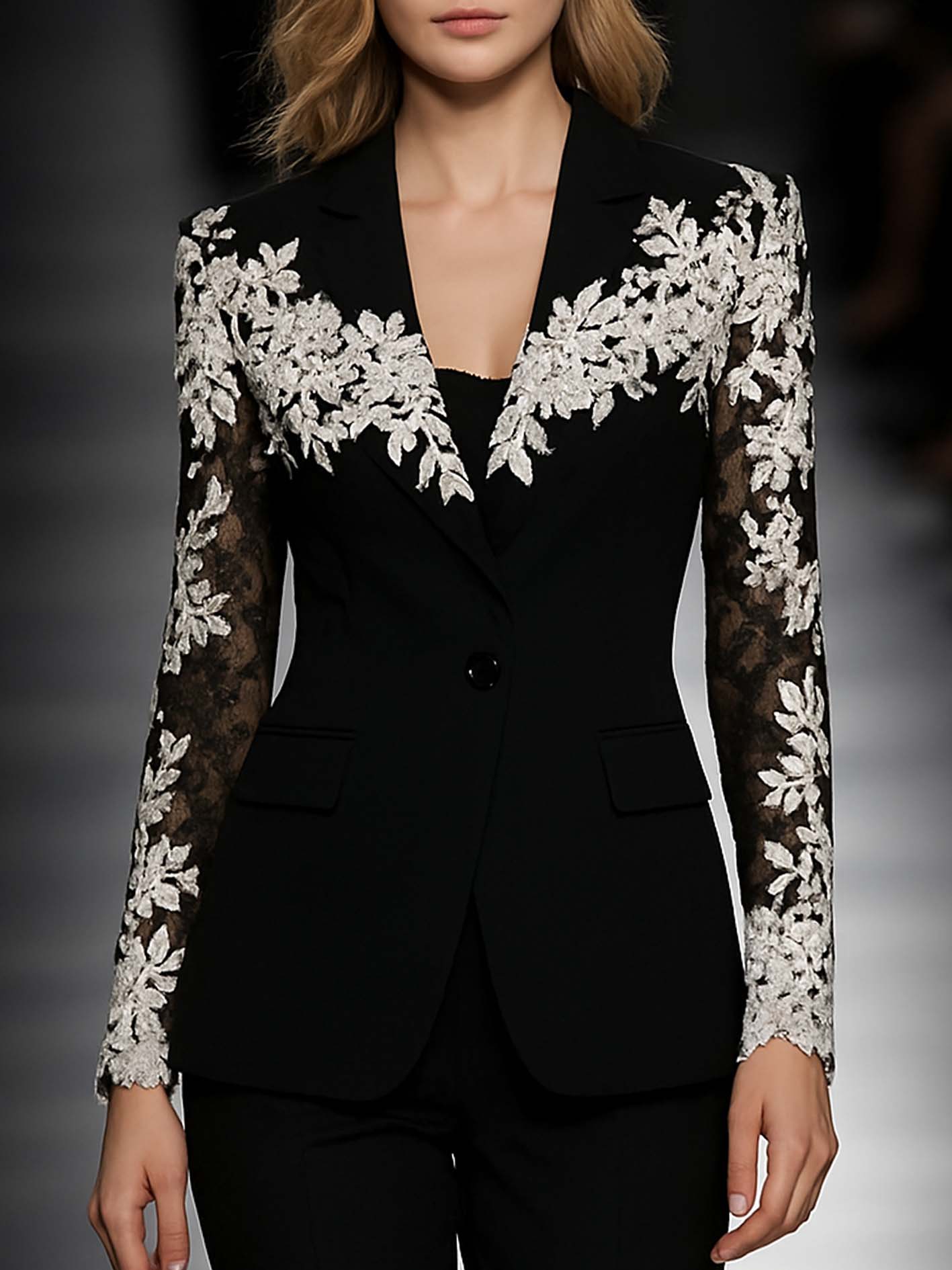 Elegant Black Blazer With Lace Packwork