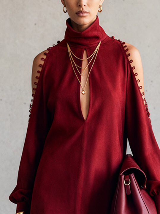 Red Cold Shoulder Faux Suede Dress With High Neck