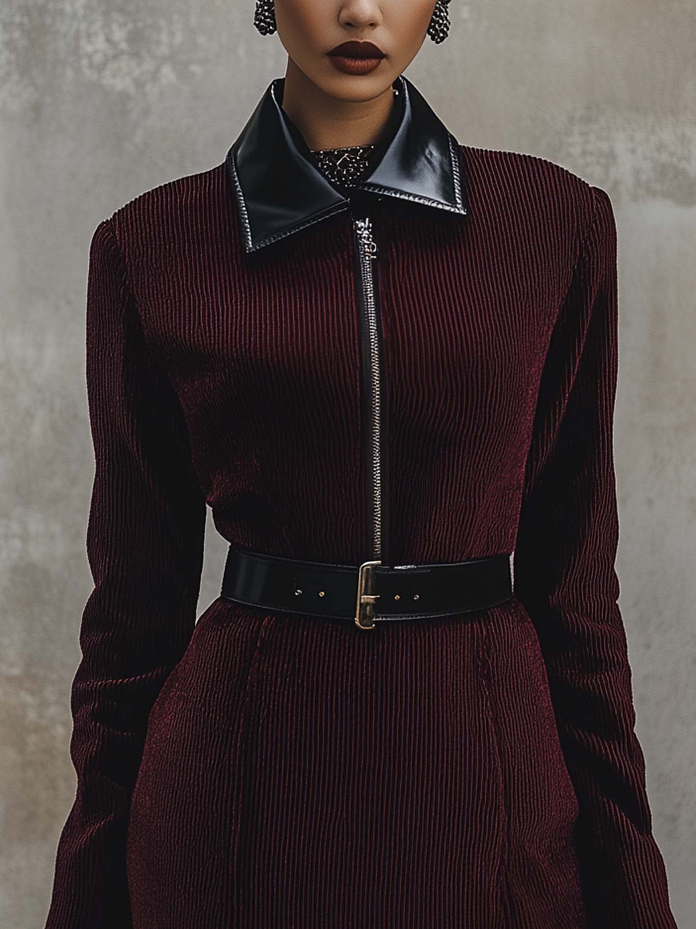 Burgundy Corduroy Mini Dress With PU Lapel