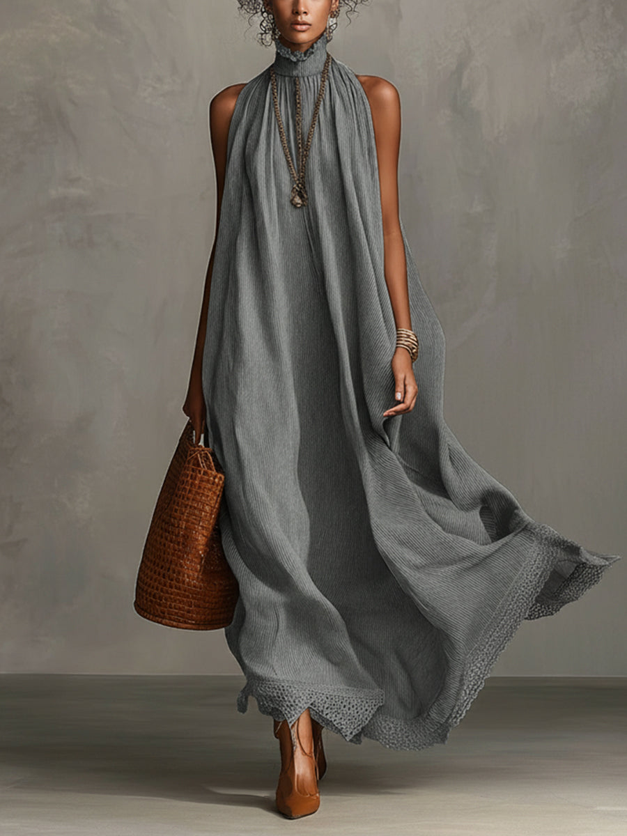 Gray Sleeveless High Neck Lace Maxi Dress