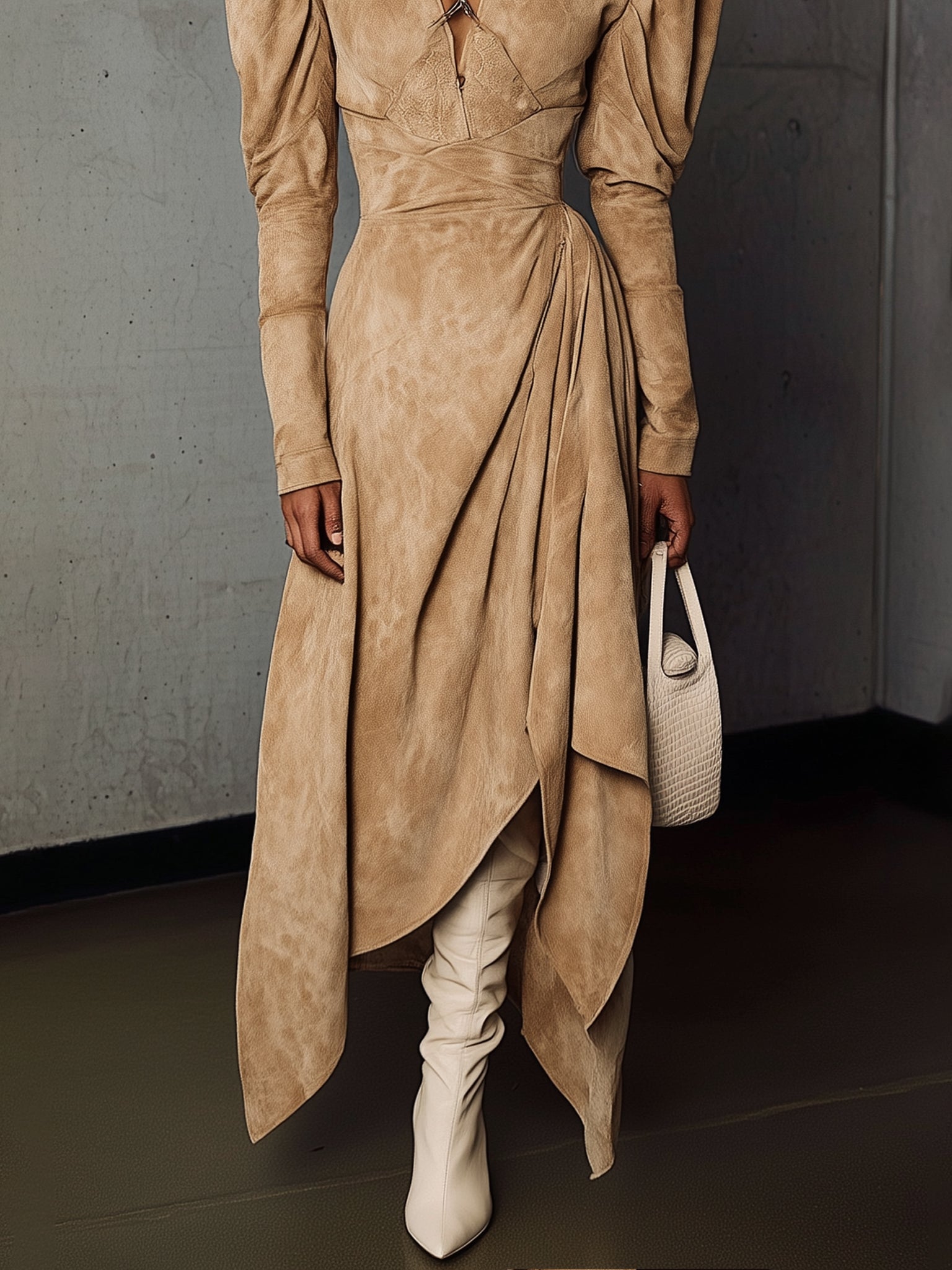 Beige Faux Suede Draped Long Sleeve Maxi Dress