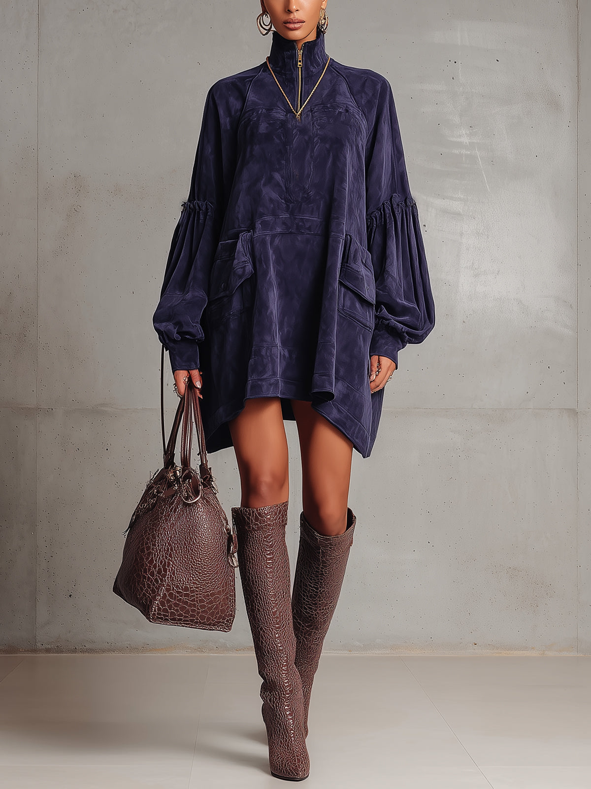 Blue Faux Suede Zip-Neck Tunic Dress With Utility Pockets