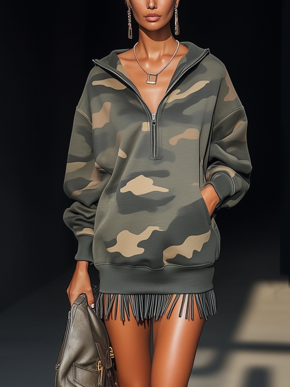 Camouflage Print Sweatshirt Dress With Fringe Hem