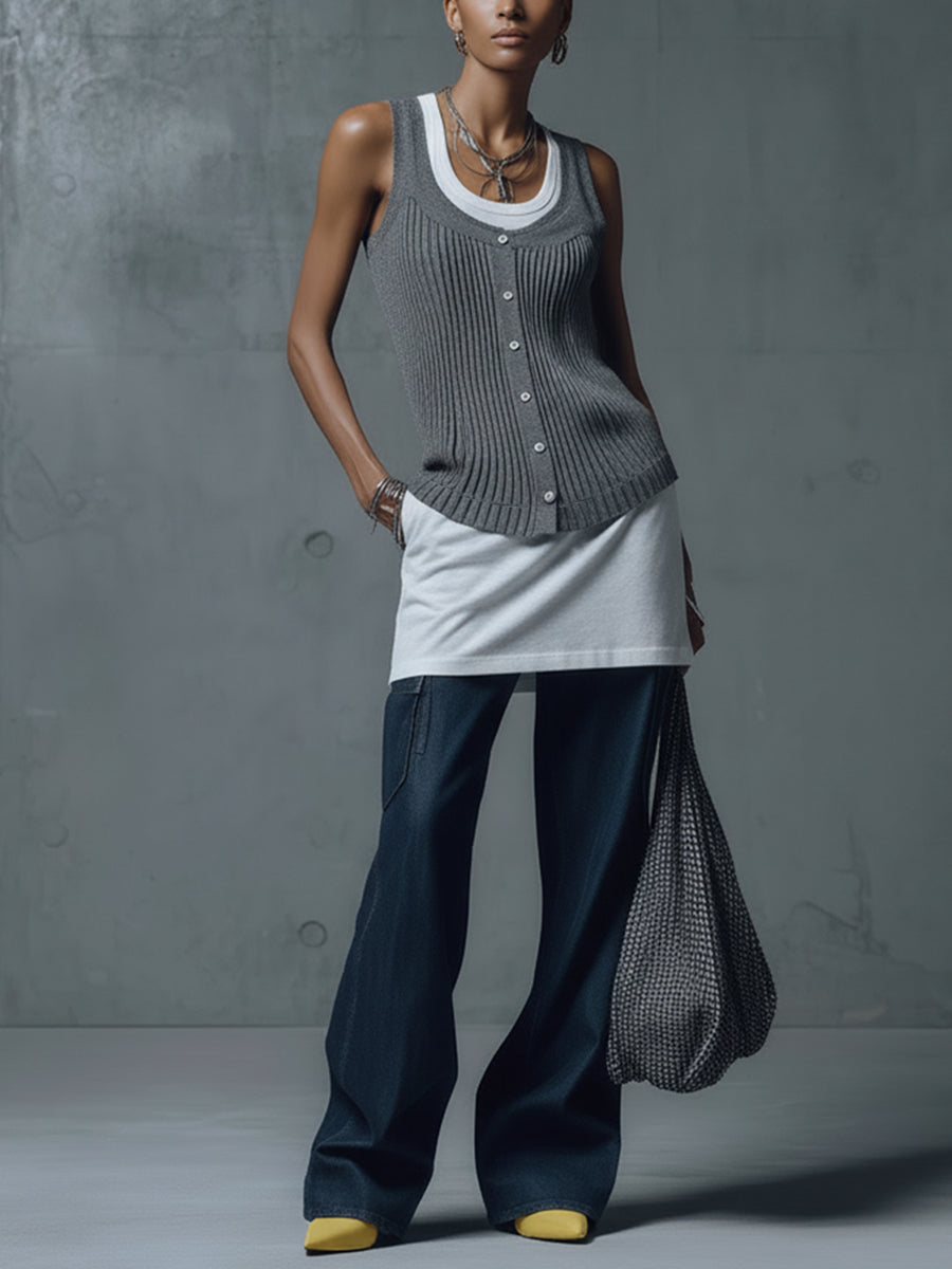 Gray And White Layered Knit Sleeveless Mini Dress