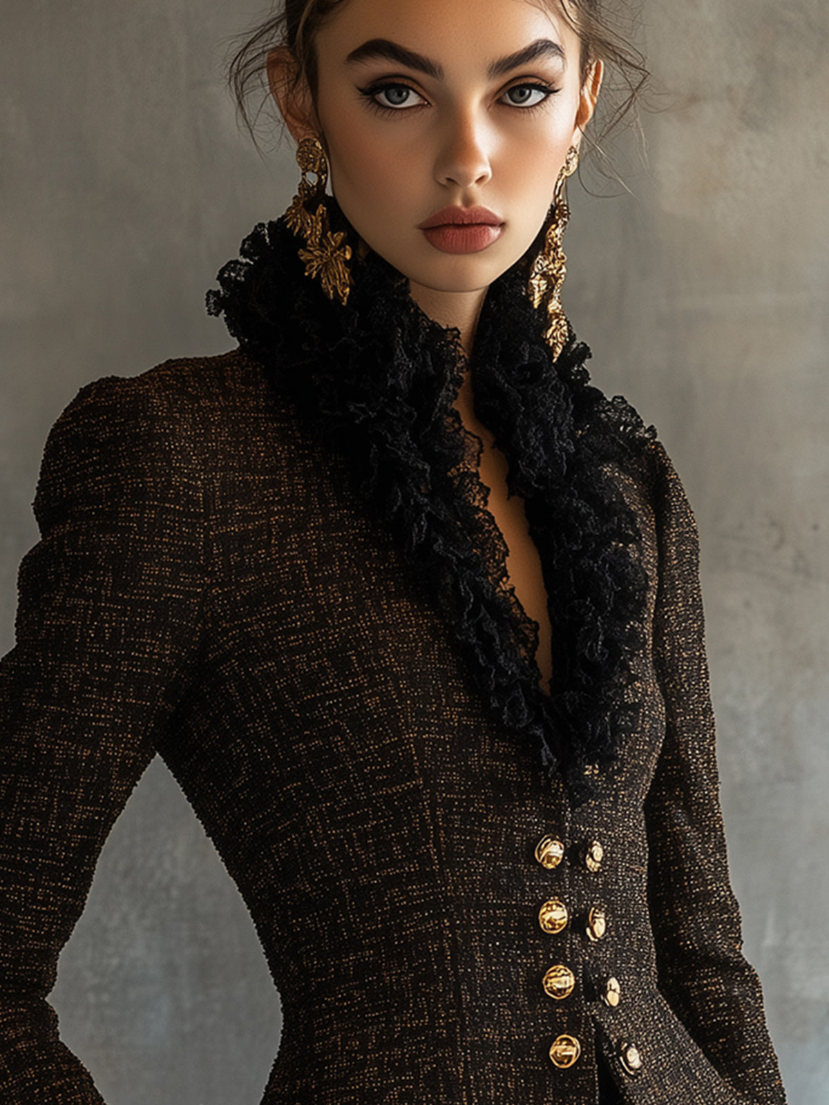 Brown Luxurious Tweed Lace Trimmed Jacket
