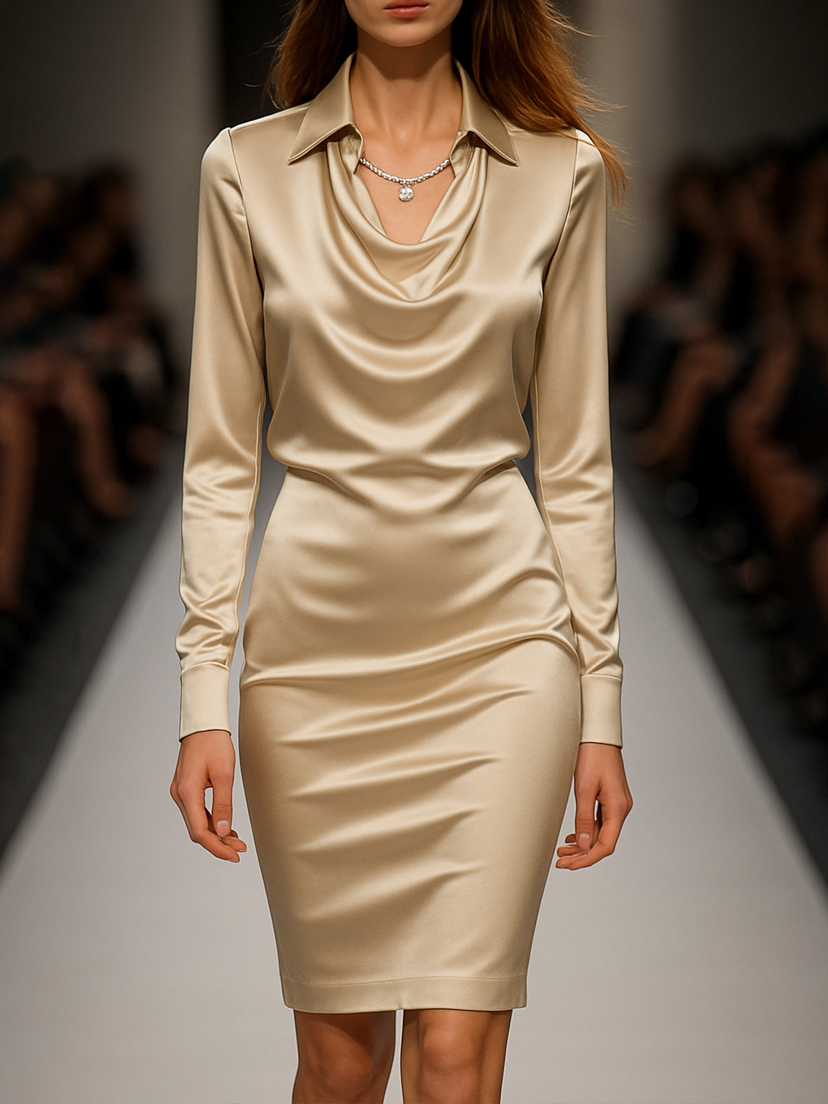 Champagne Satin Cowl Neck Dress With Long Sleeves