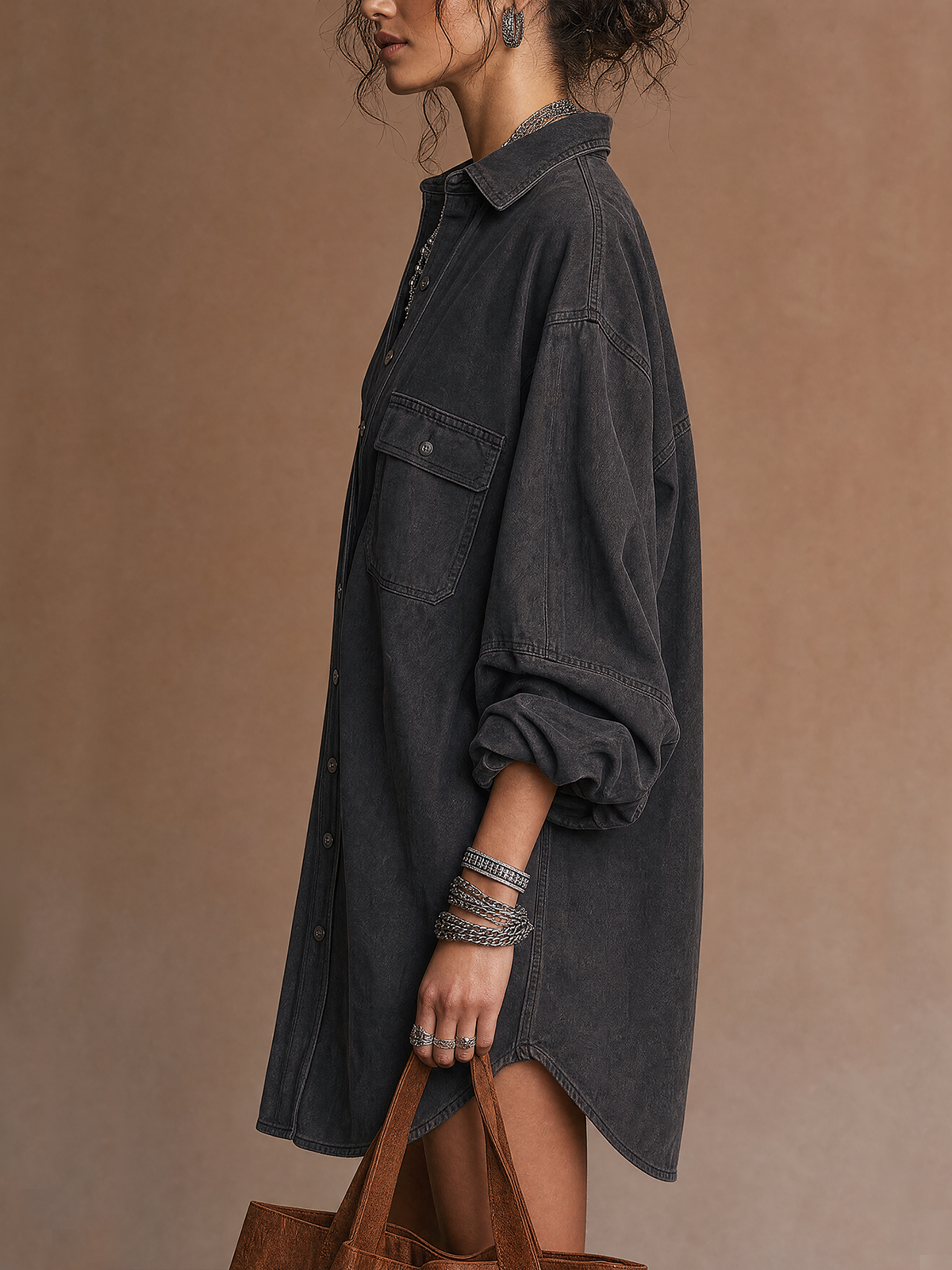 Washed Black Oversized Pocket Shirt Mini Dress