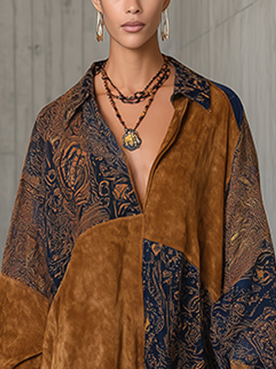 Brown Vintage Patchwork Faux Suede Mini Dress