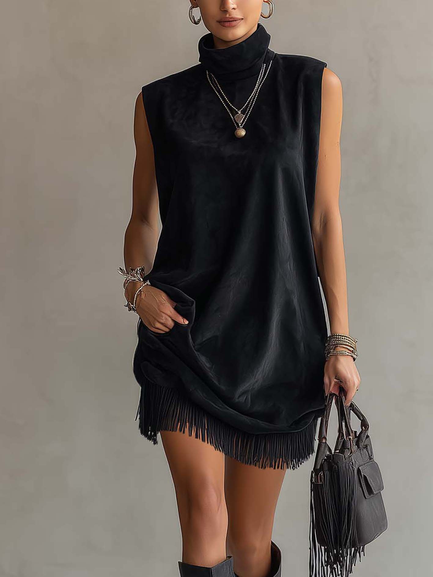 Black Sleeveless Fringe Patchwork Faux Suede Mini Dress