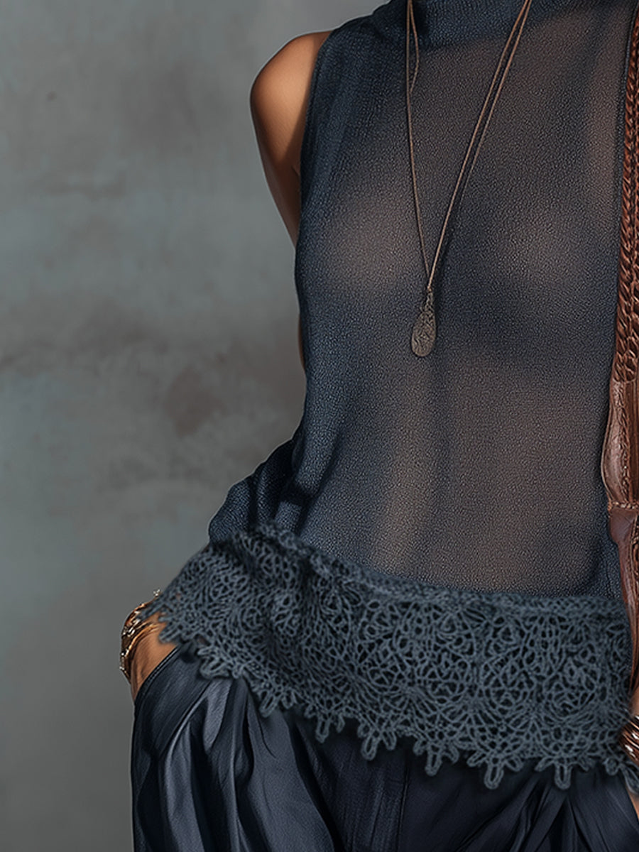 Blue Sheer Knit Sleeveless Top With Lace Hem